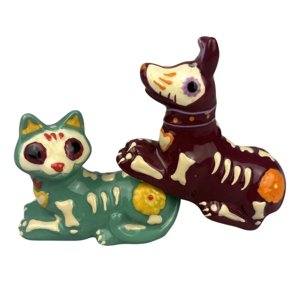 Day Of The The Dead Skull Cat Skull Dog Salt & Pepper Ceramic Dia De Los Muertos